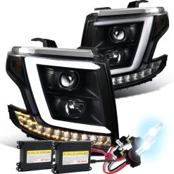 HID Combo 15-20 Chevy Tahoe / Suburban [Halogen Model] Optic-LED Tube Projector Headlights Black