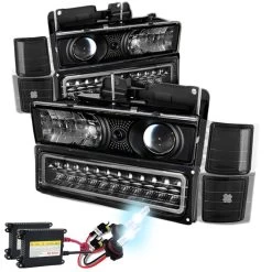 HID Combo 94-98 Chevy C10 / CK / Tahoe / Suburban / Silverado LED Projector Headlights + Corner + LED Bumper Lights - Black