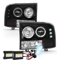HID Combo 99-04 Ford F250 F350 F450 SuperDuty / Excursion Angel Eye Halo & LED Projector Headlights - Black