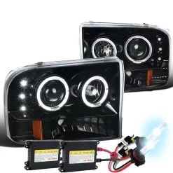 HID Combo 99-04 Ford F250-F450 SuperDuty LED DRL / Halo Projector Headlights - Gloss Black / Clear
