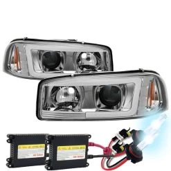 HID Combo 99-06 GMC Sierra / 00-06 Yukon LED DRL Tube Projector Headlights - Chrome