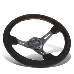 NRG 35Cm 3-inch Deep Dish Black Suede Grip Red Stitch Steering Wheel W/Horn Button