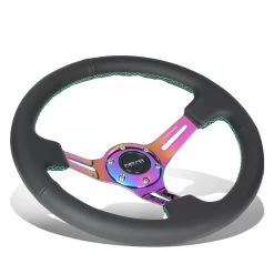 NRG 35Cm 3-inch Deep Dish Neo Chrome Spoke Leather Grip Green Stitch Steering Wheel