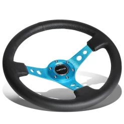 NRG 35Cm 3-inch Deep Dish New Blue Spoke Leather Grip Steering Wheel W/Horn Button
