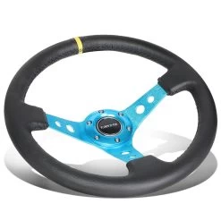 NRG 35Cm 3-inch Deep Dish New Blue Spoke Leather Grip W/Center Mark Steering Wheel