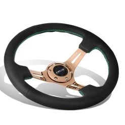 NRG 35Cm 3-inch Deep Dish Rose Gold Spoke Green Stitch Leather Grip Steering Wheel