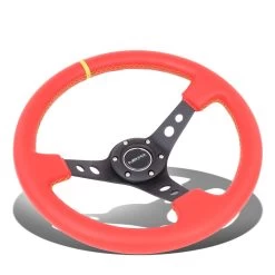 NRG 35Cm 3-inch Deep Dish Spoke Red Leather Grip Steering Wheel W/Yellow Center Mark