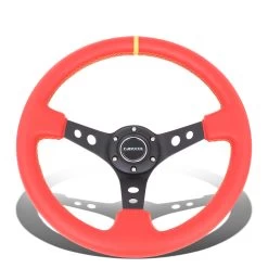 NRG 35Cm 3-inch Deep Dish Spoke Red Leather Grip Steering Wheel W/Yellow Center Mark -Professional Auto Parts Store nrg 35cm 3 inch deep dish spoke red leather grip steering wheel w yellow center mark 25