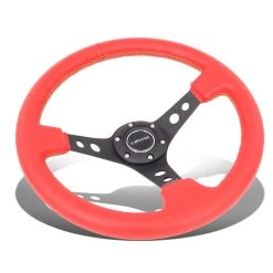 NRG 35Cm Black 3-inch Deep Dish Spoke Red Leather Grip Yellow Stitch Steering Wheel