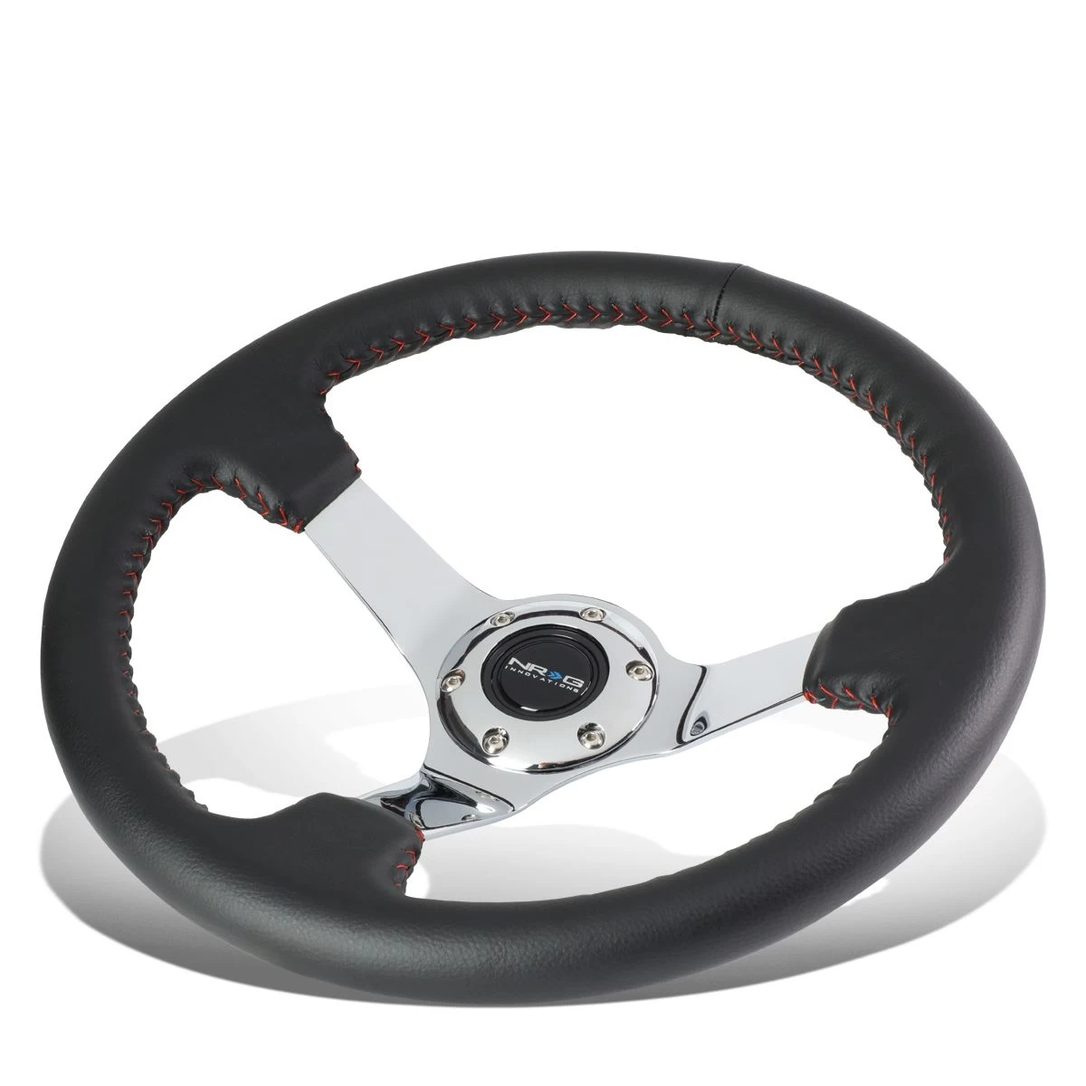 NRG 35Cm Leather Red Stitch 3-inch Deep Dish Chrome Spoke Steering Wheel+Horn Button 4 NRG 35Cm Leather Red Stitch 3-inch Deep Dish Chrome Spoke Steering Wheel+Horn Button - Image 2