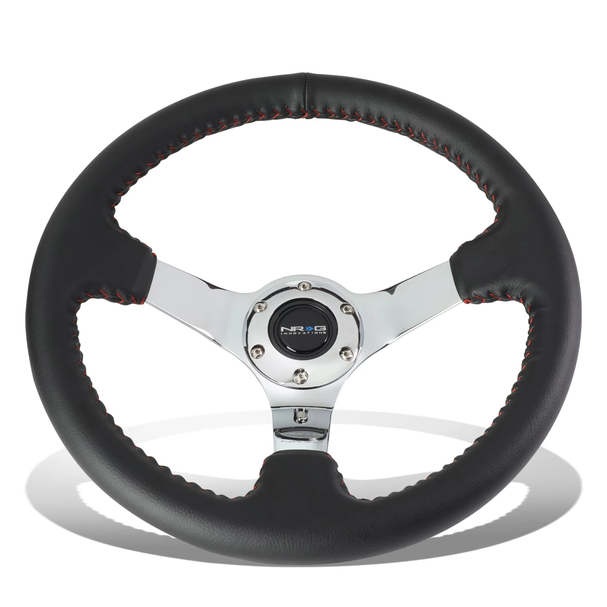 NRG 35Cm Leather Red Stitch 3-inch Deep Dish Chrome Spoke Steering Wheel+Horn Button 5 NRG 35Cm Leather Red Stitch 3-inch Deep Dish Chrome Spoke Steering Wheel+Horn Button - Image 3