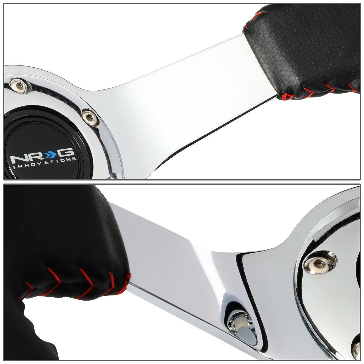 NRG 35Cm Leather Red Stitch 3-inch Deep Dish Chrome Spoke Steering Wheel+Horn Button 7 NRG 35Cm Leather Red Stitch 3-inch Deep Dish Chrome Spoke Steering Wheel+Horn Button - Image 5