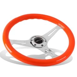 NRG 35Cm Neon Orange Wood Grain Grip Chrome Spoke Steering Wheel W/Horn Button