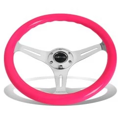 NRG 35Cm Neon Pink Wood Grain Grip Chrome Spokes Steering Wheel W/Horn Button -Professional Auto Parts Store nrg 35cm neon pink wood grain grip chrome spokes steering wheel w horn button 71