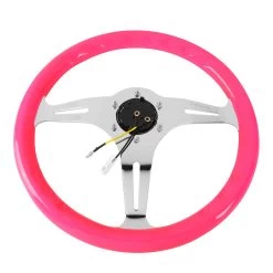 NRG 35Cm Neon Pink Wood Grain Grip Chrome Spokes Steering Wheel W/Horn Button -Professional Auto Parts Store nrg 35cm neon pink wood grain grip chrome spokes steering wheel w horn button 83