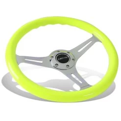 NRG 35Cm Neon Yellow Wood Grain Grip Chrome Spoke Steering Wheel W/Horn Button