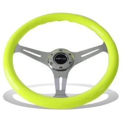 NRG 35Cm Neon Yellow Wood Grain Grip Chrome Spoke Steering Wheel W/Horn Button -Professional Auto Parts Store nrg 35cm neon yellow wood grain grip chrome spoke steering wheel w horn button 71