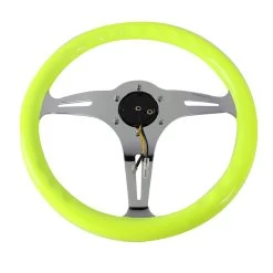NRG 35Cm Neon Yellow Wood Grain Grip Chrome Spoke Steering Wheel W/Horn Button -Professional Auto Parts Store nrg 35cm neon yellow wood grain grip chrome spoke steering wheel w horn button 83