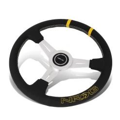 NRG 36Cm Silver Spoke Bumble Bee Leather Grip Steering Wheel W/Dual Center Mark