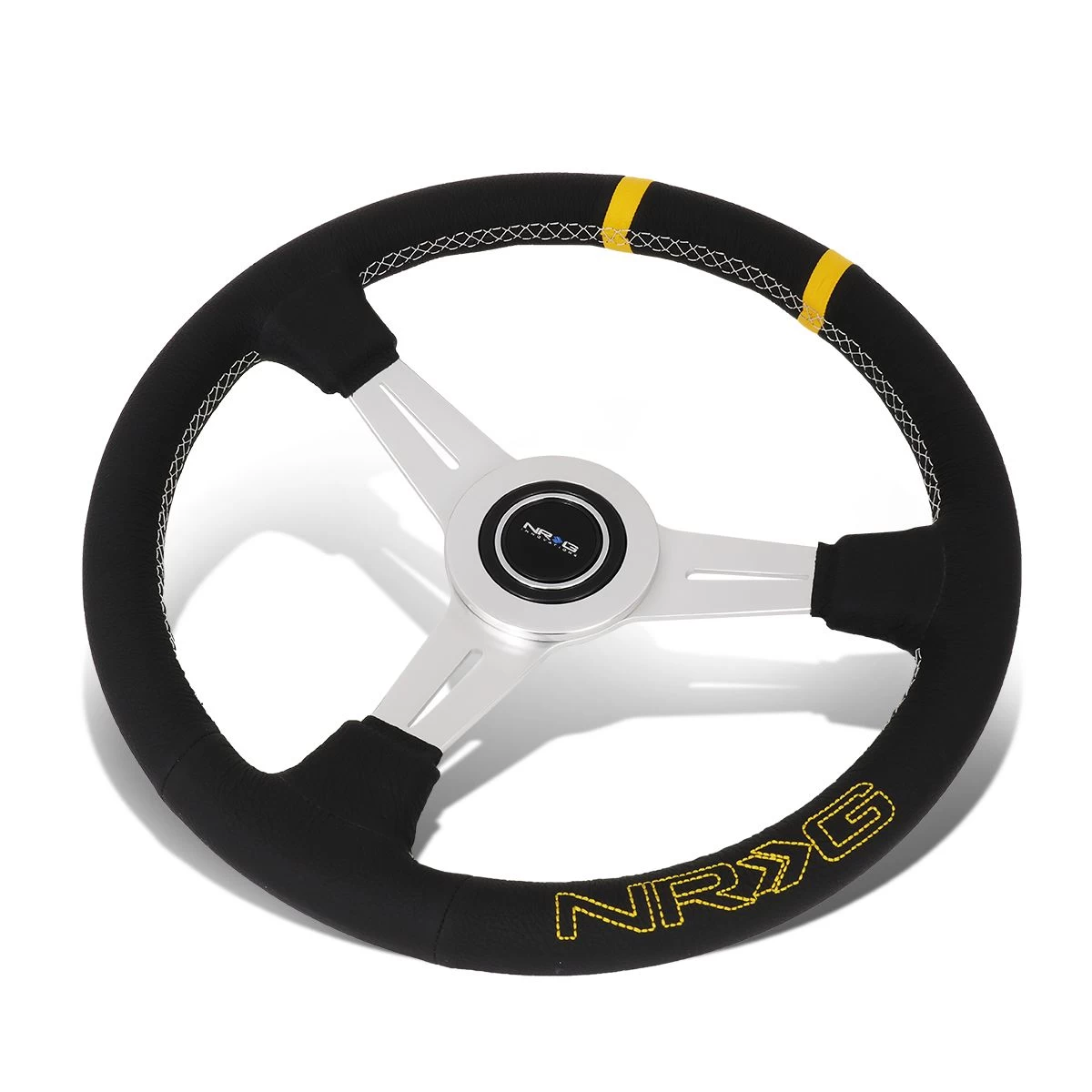 NRG 36Cm Silver Spoke Bumble Bee Leather Grip Steering Wheel W/Dual Center Mark 3 NRG 36Cm Silver Spoke Bumble Bee Leather Grip Steering Wheel W/Dual Center Mark